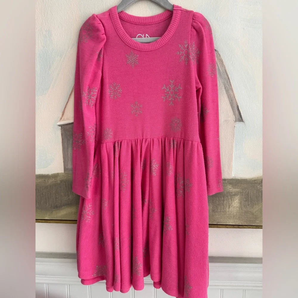 CHASER Pink Glitter Snowflakes Girls Long Sleeved Dress Size 5